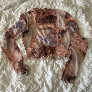 Marble Print Long Sleeve Sheer Top